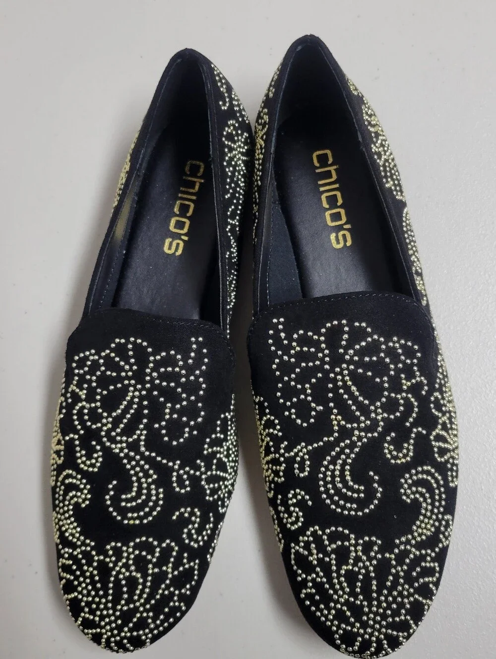 Chicos NWOT Embillished Black Loafers With Gold Beading size 6.5.